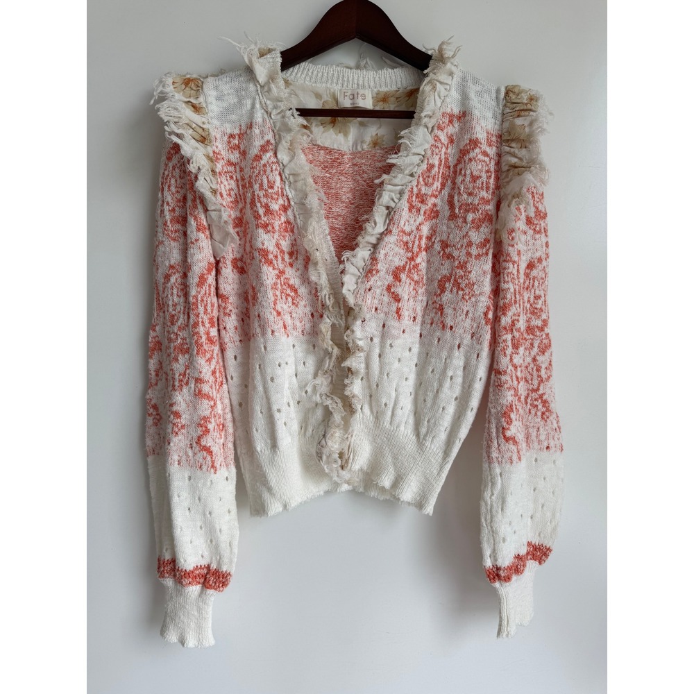 Fate Feminine Coquette Boho Frayed Damask Pointelle Cardigan Sweater Red Small